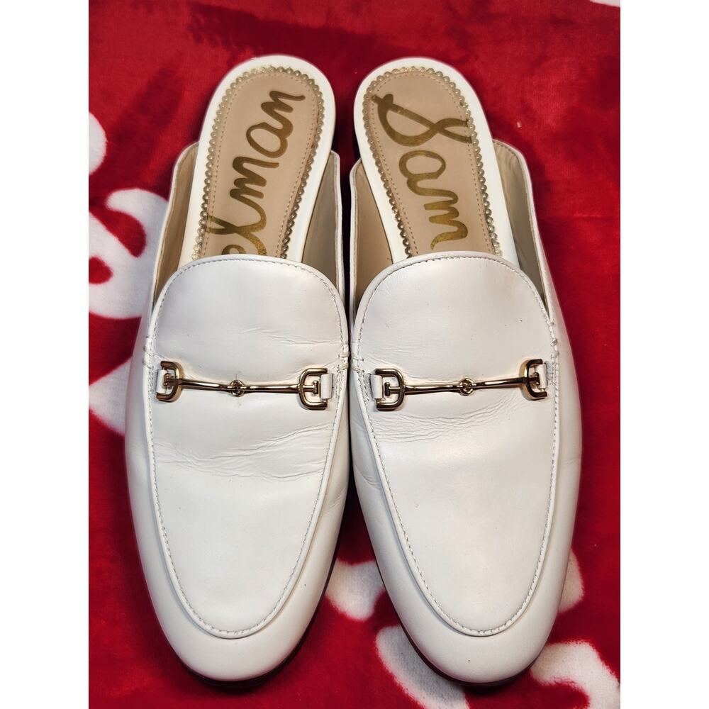 Sam Edelman Linnie Mules Women’s 8.5 White Leather Slip-On Loafer Gold Bit...